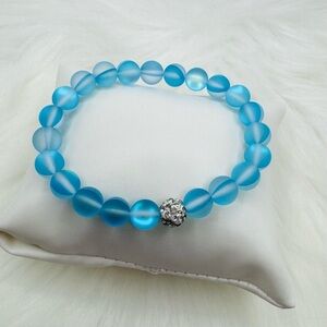 Chic Blue Matte Moonstone Beaded Bracelet w/ Rhinestone